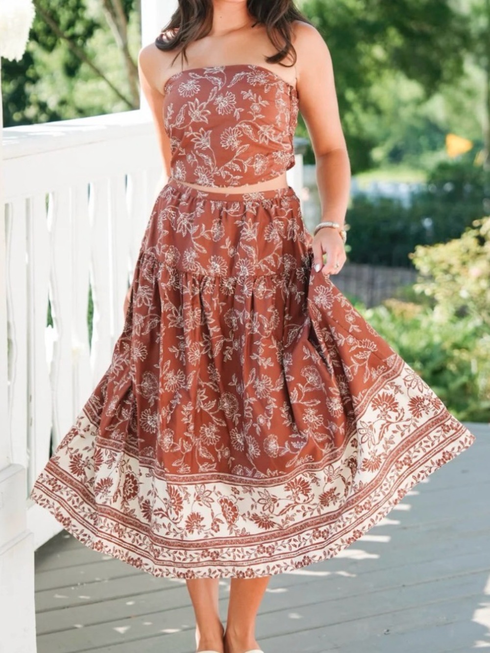 Women's Brown Floral Midi Skirt & Tube Top Set- Boho Summer Style